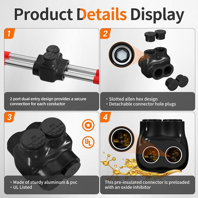 Joinfworld 2 Port Insulated Multi Tap Connector 250MCM-6AWG Aluminum to Copper Wire Connectors Dual Entry Black Electrical Cable Connectors with Slotted Allen Hex - 6 Pack - Image 3